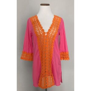 Mud Pie Pink & Orange 3/4 Sleeve Tunic Top Cover Up, Crochet Lace Trim, S (4-6)